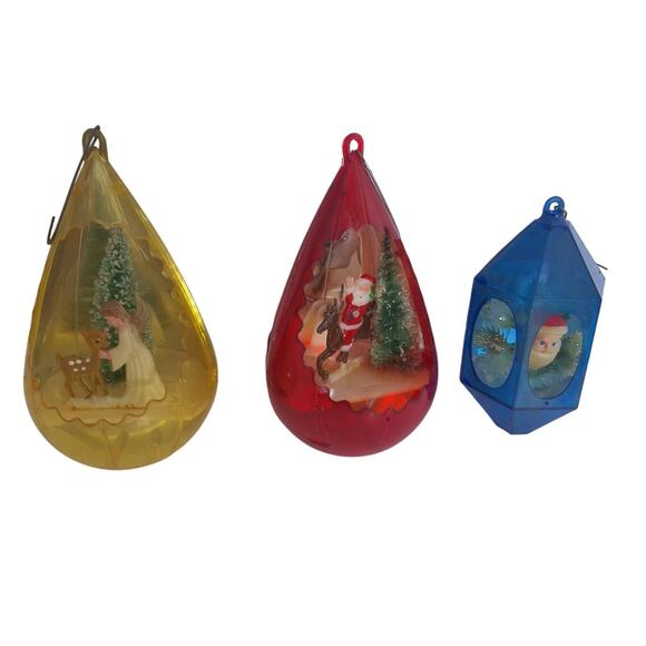 Vintage Jewel Brite Diorama Christmas Ornaments Teardrop Mid Century Set of 3 - Picture 1 of 9